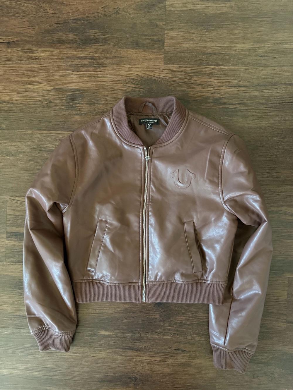 True Religion Wing Emboss PU Bomber Jacket Rocky Road Brown Small